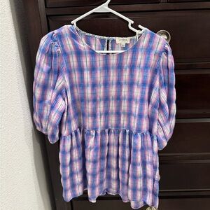 Umgee Plaid Puff Sleeve Blouse